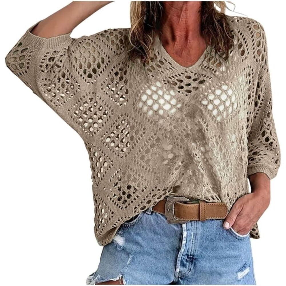 Source Unknown Beige Crochet V-Neck Sweater